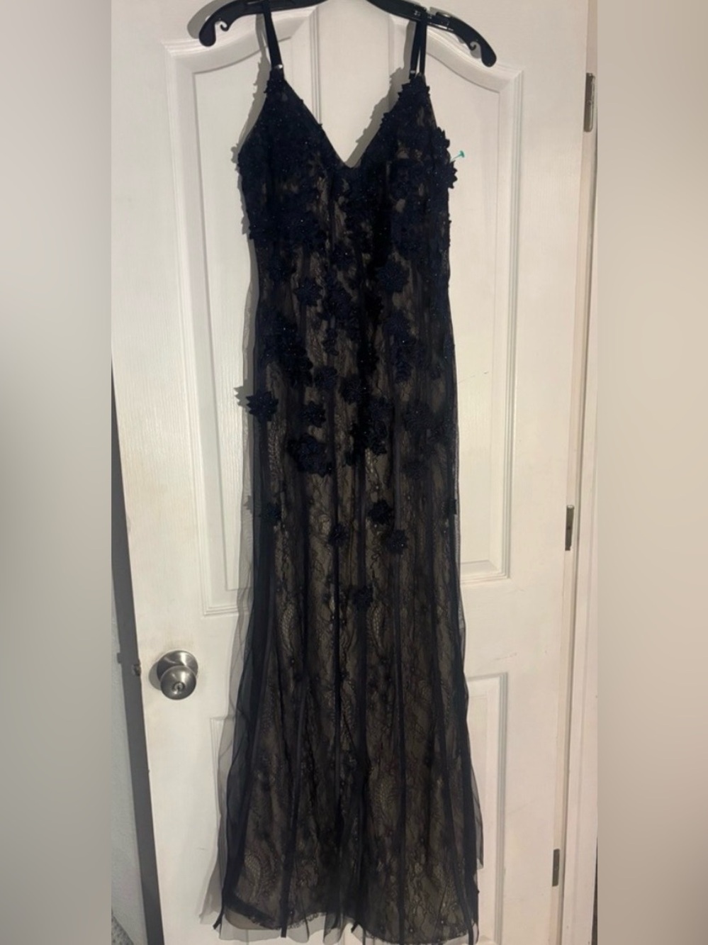 Xscape Navy Blue Lace Dress with  Nude Lining |  Wedding Formal Prom Gown Size 6